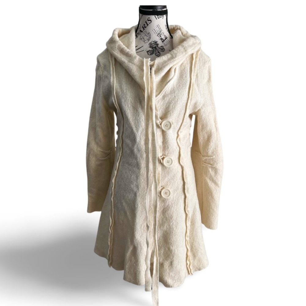 🇨🇦 Le Château Cream Off white Wool Hooded Midi Length Coat Size Small - Picture 4 of 7